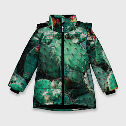 Куртка зимняя для девочки Кактусы с цветами реализм, цвет: 3D-черный
