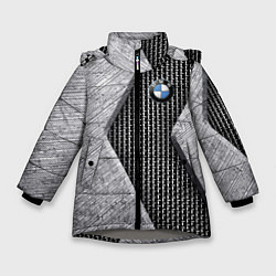 Куртка зимняя для девочки BMW - emblem - metal - texture, цвет: 3D-светло-серый