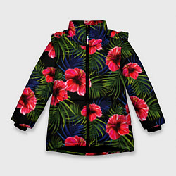 Куртка зимняя для девочки Тропические цветы и листья, цвет: 3D-черный