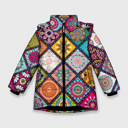 Куртка зимняя для девочки Узоры мандалы, цвет: 3D-черный