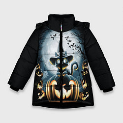 Куртка зимняя для девочки Хэллоуин Кот, цвет: 3D-черный