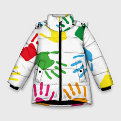 Куртка зимняя для девочки Цветные ладошки - Детский узор, цвет: 3D-черный