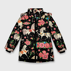 Куртка зимняя для девочки Лошади и цветы, цвет: 3D-черный