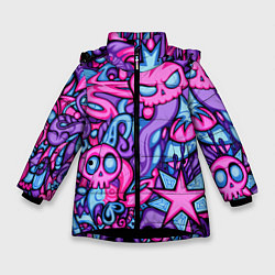 Куртка зимняя для девочки Граффити монстры, цвет: 3D-черный
