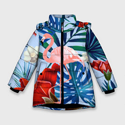 Куртка зимняя для девочки Фламинго в папоротнике, цвет: 3D-черный