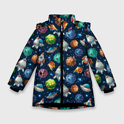 Куртка зимняя для девочки Мультяшные планеты, цвет: 3D-черный
