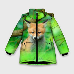 Куртка зимняя для девочки Лисенок в зеленом лесу, цвет: 3D-черный