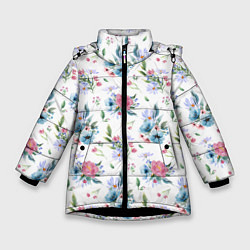 Куртка зимняя для девочки Весенние акварельные цветы, цвет: 3D-черный