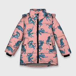 Куртка зимняя для девочки Много синих тигров Символ года, цвет: 3D-светло-серый