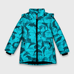 Зимняя куртка для девочки Синий камуфляж с дельфинами