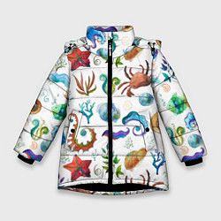 Куртка зимняя для девочки Морской паттерн с крабами и водорослями, цвет: 3D-черный