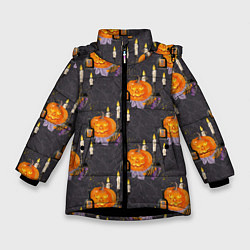 Куртка зимняя для девочки Хэллоуин - тыквы и свечи, цвет: 3D-черный