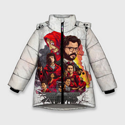 Куртка зимняя для девочки Бумажный дом на бумажном фоне герои и злодеи, цвет: 3D-светло-серый