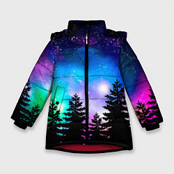 Куртка зимняя для девочки Космический лес, елки и звезды, цвет: 3D-красный