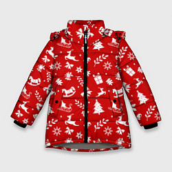 Куртка зимняя для девочки НОВОГОДНИЙ УЗОР КРАСНО БЕЛЫЙ, цвет: 3D-светло-серый