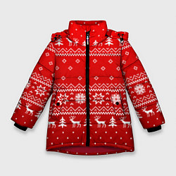 Зимняя куртка для девочки Красный узор с оленями
