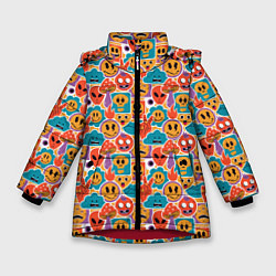 Куртка зимняя для девочки Психоделика Космос Смайлы, цвет: 3D-красный
