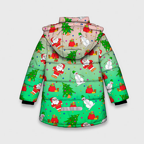 Зимняя куртка для девочки Новогодний узор елка санта / 3D-Красный – фото 2