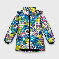 Куртка зимняя для девочки Takashi Murakami Улыбающиеся цветы, цвет: 3D-черный