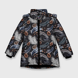 Куртка зимняя для девочки Узор из еловых веток и шишек Акварельный рисунок, цвет: 3D-черный