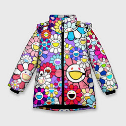 Куртка зимняя для девочки Цветы Takashi Murakami, цвет: 3D-черный