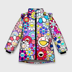 Куртка зимняя для девочки Цветы Takashi Murakami, цвет: 3D-светло-серый