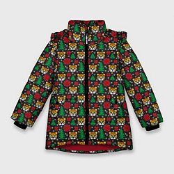 Куртка зимняя для девочки Новогодний паттерн 2022 Тигры и елочки, цвет: 3D-красный