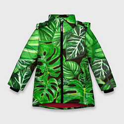 Зимняя куртка для девочки Тропические листья на темном фоне