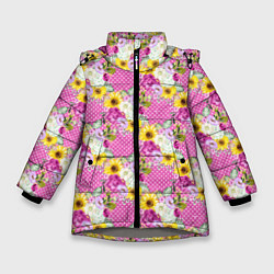 Куртка зимняя для девочки Полевые фиолетовые и желтые цветочки, цвет: 3D-светло-серый