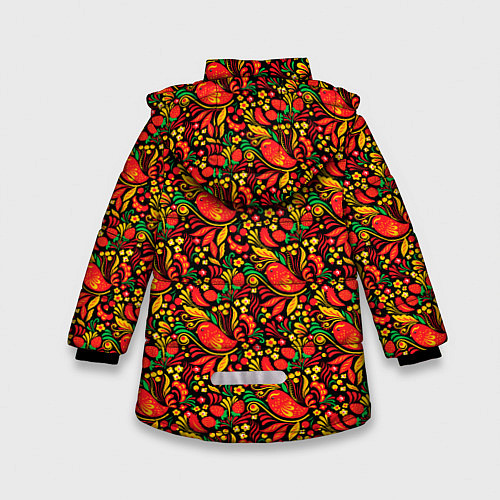 Зимняя куртка для девочки Желтые и красные цветы, птицы и ягоды хохлома / 3D-Светло-серый – фото 2