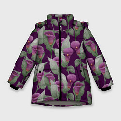 Куртка зимняя для девочки Фиолетовые каллы на темно фиолетовом фоне, цвет: 3D-светло-серый