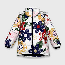 Куртка зимняя для девочки Разноцветные цветы в мультяшном стиле, цвет: 3D-черный