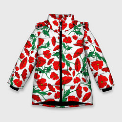 Зимняя куртка для девочки Цветы Красные Маки на белом фоне