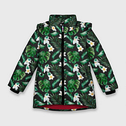 Куртка зимняя для девочки Зеленые листочки паттерн, цвет: 3D-красный