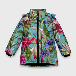 Куртка зимняя для девочки Цветы Ярко-Синие, цвет: 3D-черный