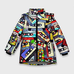 Куртка зимняя для девочки ТЕКСТУРА АУДИОКАССЕТ, цвет: 3D-светло-серый