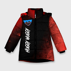 Куртка зимняя для девочки Надпись и лицо Huggy Wuggy на темном фоне с огнем, цвет: 3D-черный