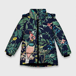 Куртка зимняя для девочки Цветы и Розовые Птицы В Саду, цвет: 3D-черный