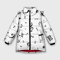 Куртка зимняя для девочки Нотные Знаки Черные на Белом, цвет: 3D-красный