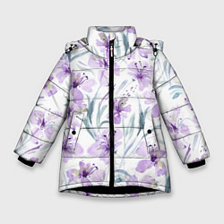 Зимняя куртка для девочки Цветы Фиолетовые Нарисованные Акварелью