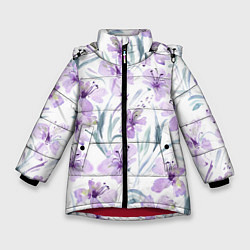 Куртка зимняя для девочки Цветы Фиолетовые Нарисованные Акварелью, цвет: 3D-красный