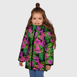 Куртка зимняя для девочки Тропические листья и цветы на черном фоне, цвет: 3D-светло-серый — фото 2