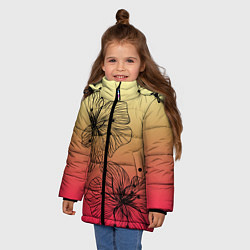 Куртка зимняя для девочки Черные абстрактные цветы на красно-желтом градиент, цвет: 3D-черный — фото 2