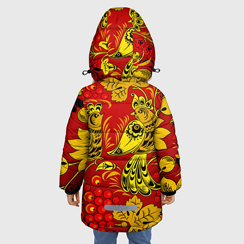 Зимняя куртка для девочки Хохломская Роспись Две Птици На Красном Фоне / 3D-Черный – фото 4