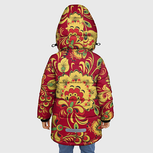 Зимняя куртка для девочки Хохломская Роспись Цветы На красном Фоне / 3D-Светло-серый – фото 4