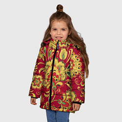 Куртка зимняя для девочки Хохломская Роспись Цветы На красном Фоне, цвет: 3D-красный — фото 2
