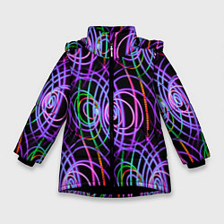 Куртка зимняя для девочки Неоновые круги и линии - Фиолетовый, цвет: 3D-черный