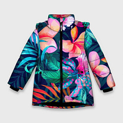 Куртка зимняя для девочки Яркие тропические цветы Лето, цвет: 3D-черный