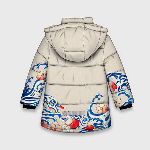 Зимняя куртка для девочки Японский орнамент волн / 3D-Красный – фото 2