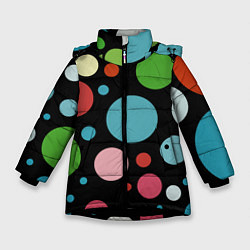 Куртка зимняя для девочки Разноцветные круги на чёрном фоне, цвет: 3D-черный
